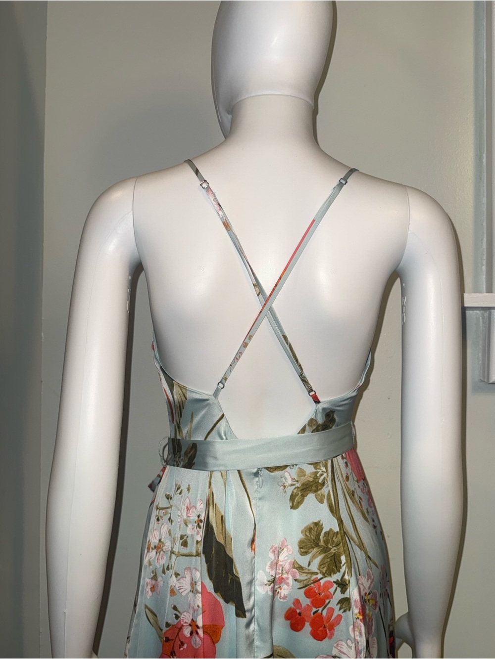 Lulu's Soft Sage Floral Belt Tie Maxi Dress with Coral Accents - Picture 9 of 14